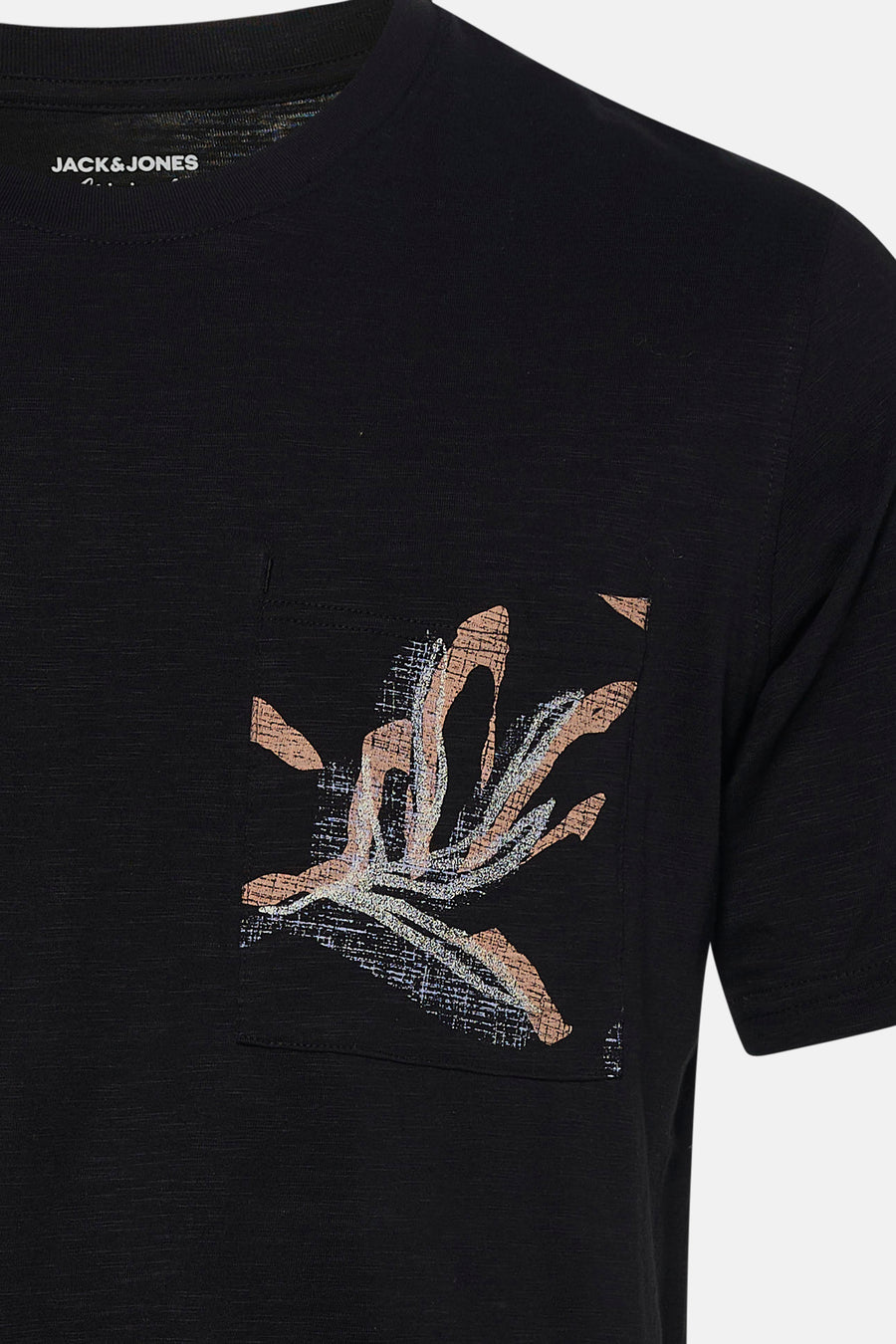 T-shirt noir en tissu texturé de PREMIUM by JACK & JONES avec poche poitrine à motif végétal abstrait.