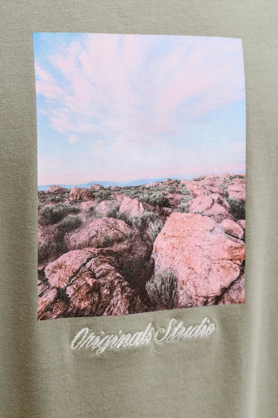 Groen T-shirt met korte mouwen van ORIGINALS BY JACK & JONES, met woestijnlandschapprint en "Originals Studio" borduursel.