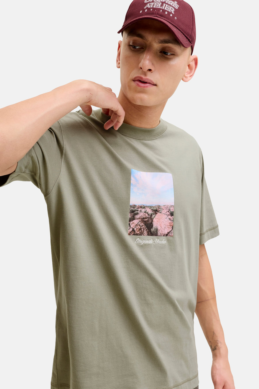 Groen T-shirt met korte mouwen van ORIGINALS BY JACK & JONES, met een rechthoekige fotoprint.
