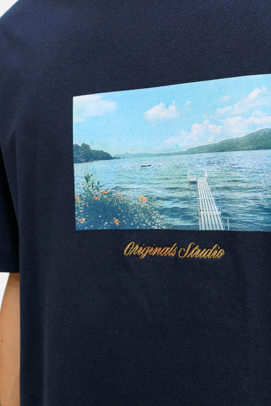 Blauw T-shirt met korte mouwen van ORIGINALS BY JACK & JONES, met een meerlandschapprint en gouden borduursel.