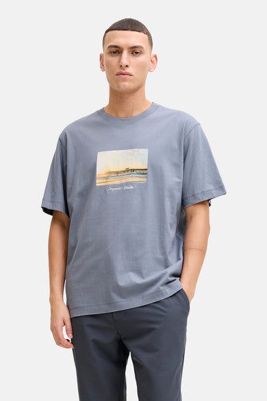 Grijs T-shirt met korte mouwen van ORIGINALS BY JACK & JONES, met een print van een pier op de borst.