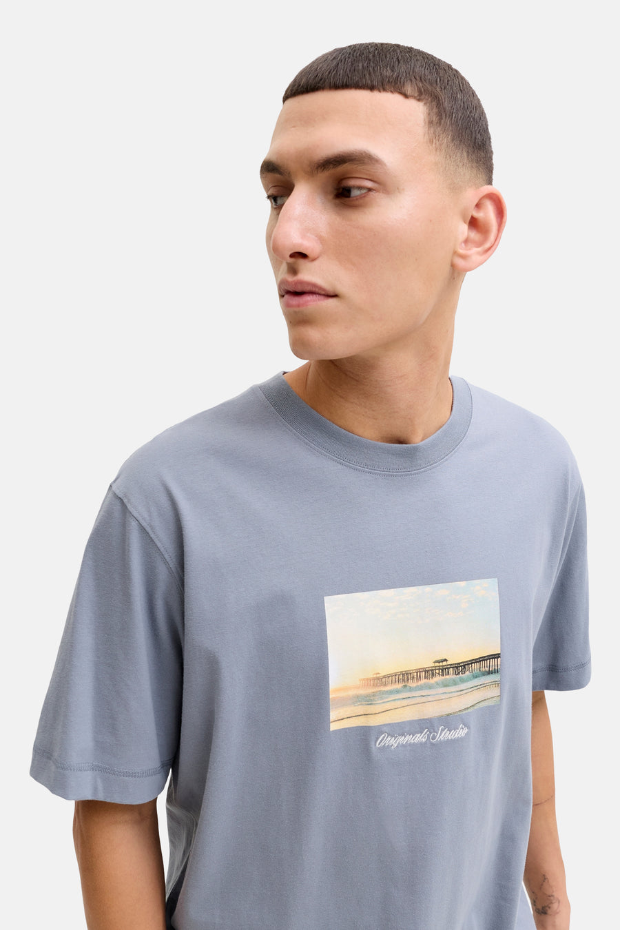 Grijs T-shirt met korte mouwen van ORIGINALS BY JACK & JONES, met een opdruk van een pier bij zonsondergang.