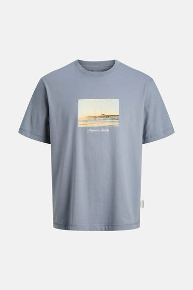 Grijze T-shirt met korte mouwen van ORIGINALS BY JACK & JONES met een opdruk van een pier en tekst onderaan.