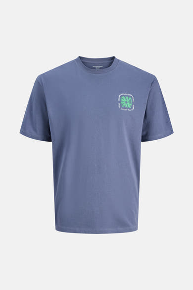 Blauw T-shirt met korte mouwen van ORIGINALS BY JACK & JONES met een groene bloemenprint en belettering.