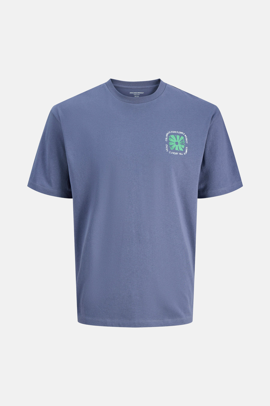 Blauw T-shirt met korte mouwen van ORIGINALS BY JACK & JONES met een groene bloemenprint en belettering.
