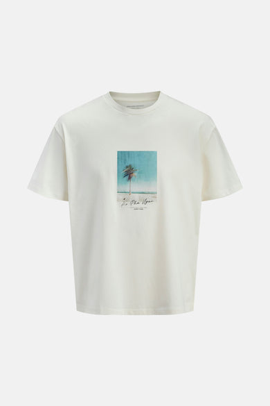 Ecru T-shirt met korte mouwen van ORIGINALS BY JACK & JONES met een palmboomprint en tekst op de voorkant.