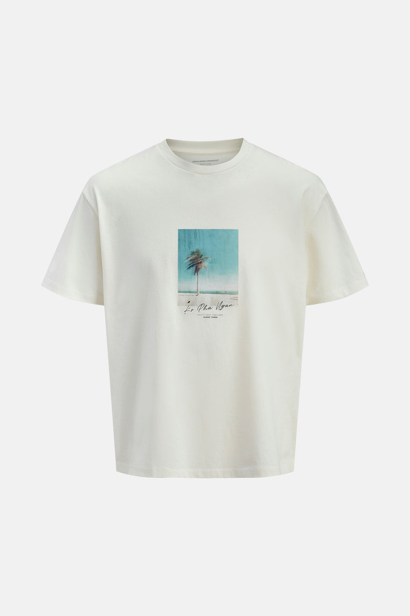 Ecru T-shirt met korte mouwen van ORIGINALS BY JACK & JONES met een palmboomprint en tekst op de voorkant.