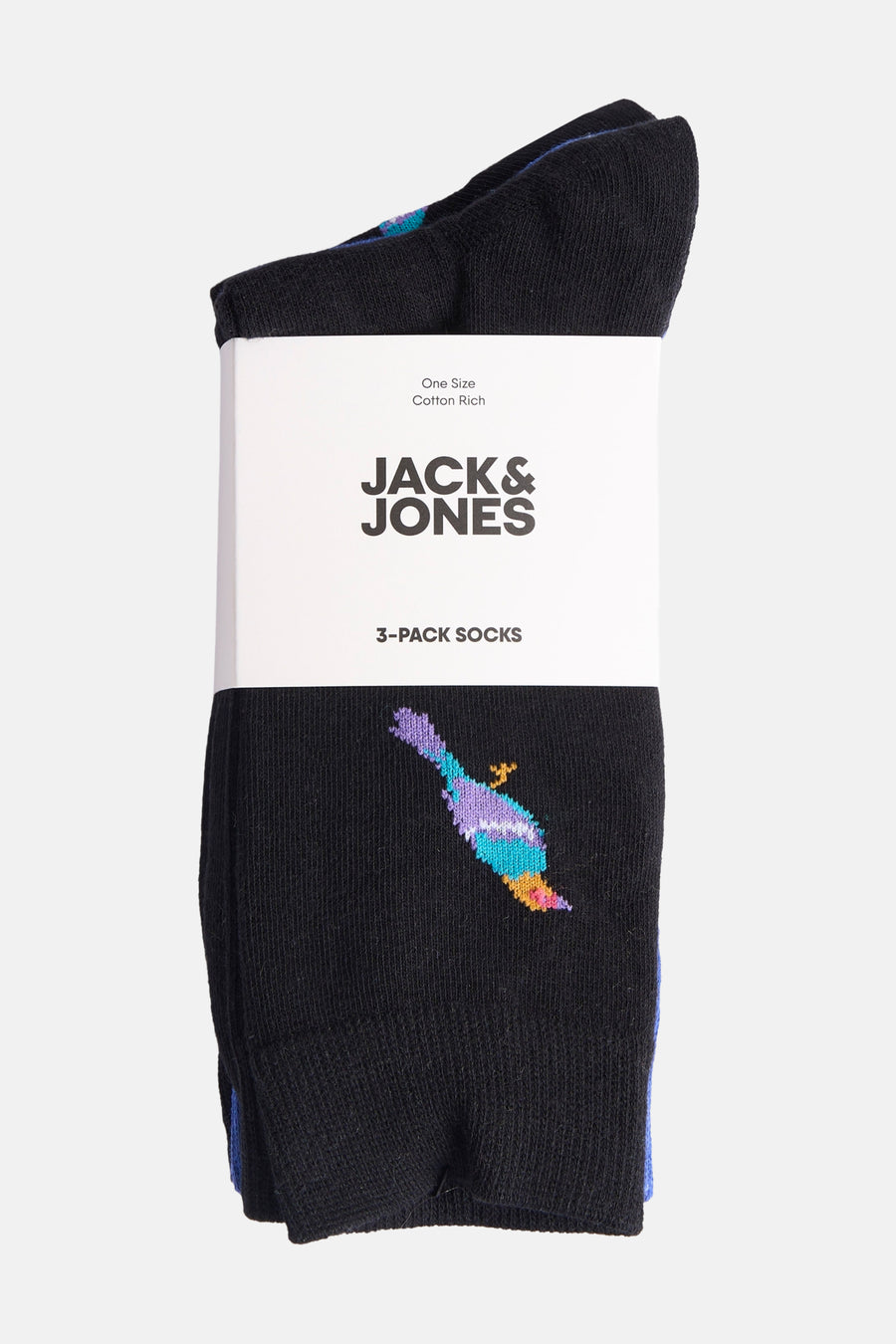 Lot de trois paires de chaussettes noires en coton mélangé par ACCESSORIES BY JACK & JONES, avec motif coloré brodé.