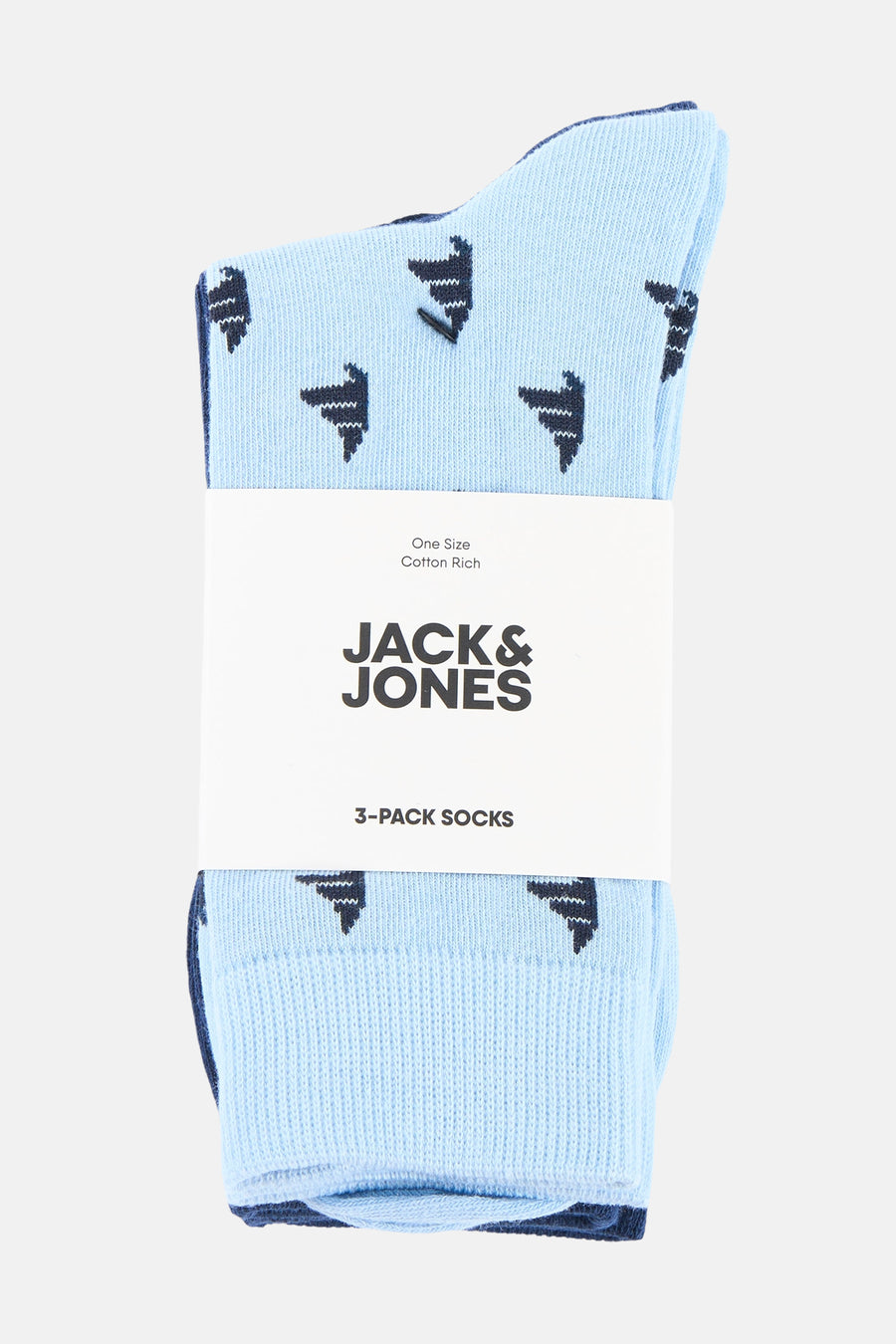 Pack de trois paires de chaussettes bleu clair à motifs crocodiles, de ACCESSORIES BY JACK & JONES, avec bordures bleu marine.