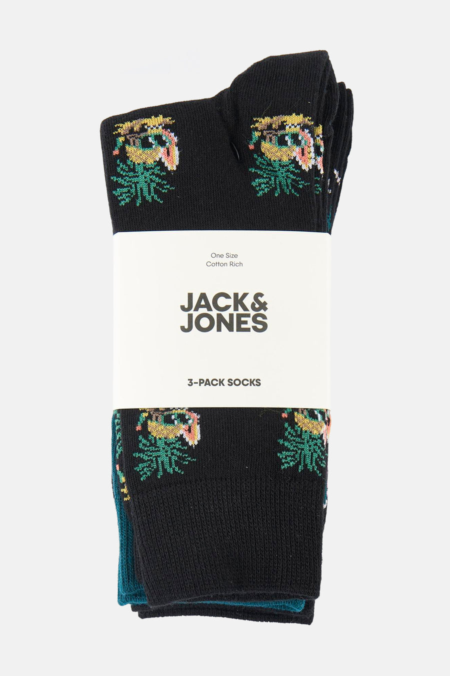 Set van 3 veelkleurige sokken van JACK & JONES, zwart met blad- en bloemenpatroon, gevouwen.