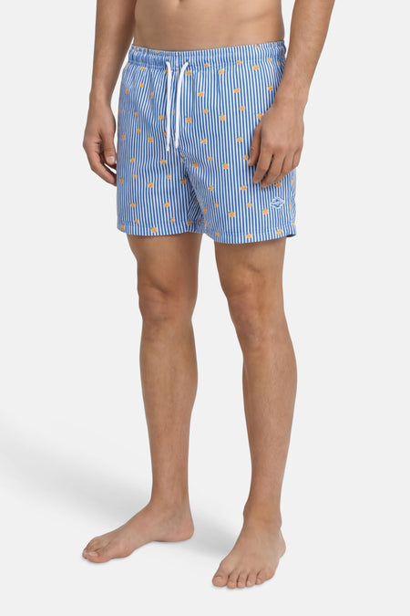 Short de bain bleu à rayures verticales et motifs ananas par JACK & JONES JEANS INTELLIGENCE, avec cordon blanc.