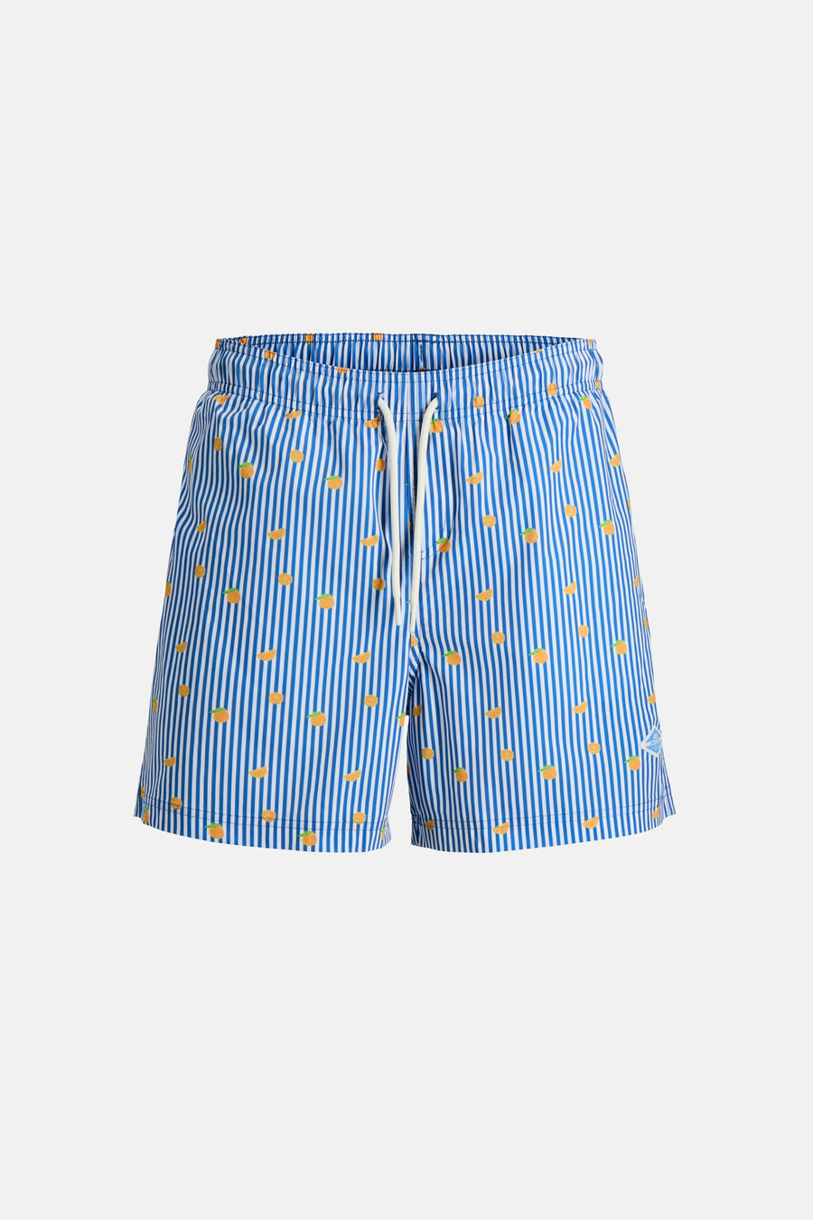 Blauwe zwembroek met strepen en sinaasappelprint van JACK & JONES JEANS INTELLIGENCE.