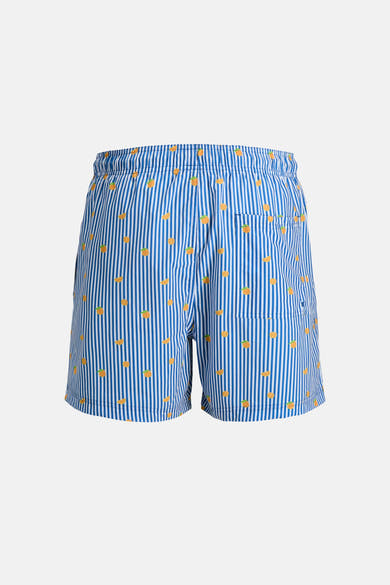 Blauwe zwembroek met verticale strepen en sinaasappelprint van JACK & JONES JEANS INTELLIGENCE.