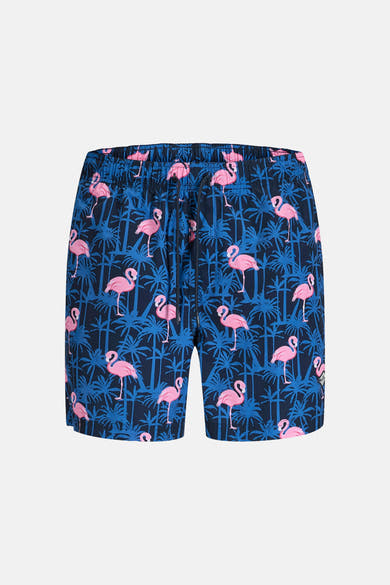 Blauwe zwembroek van JACK & JONES JEANS INTELLIGENCE, met een patroon van flamingo's en blauwe palmbomen.