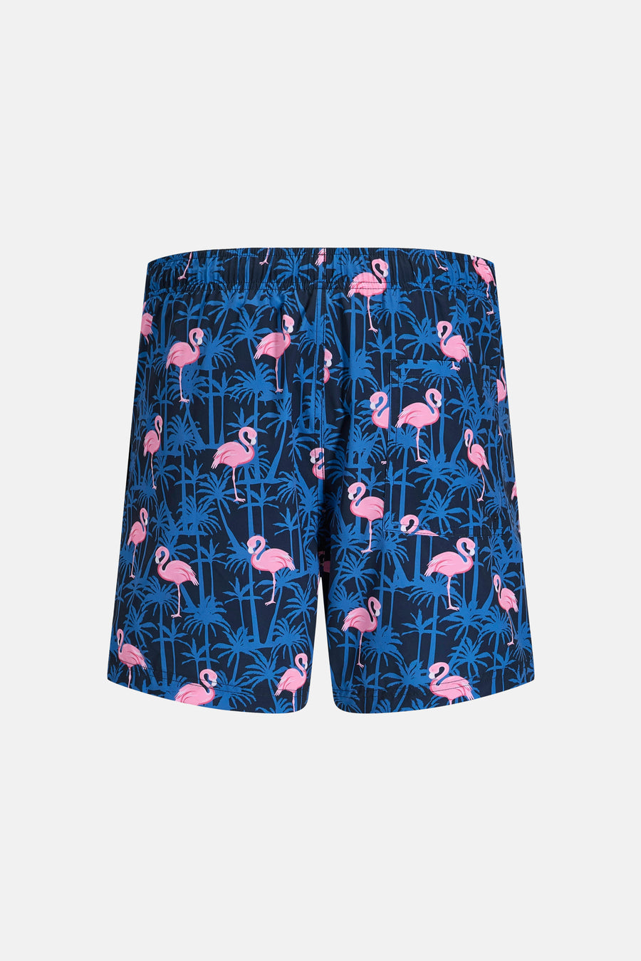 Blauwe zwembroek van JACK & JONES JEANS INTELLIGENCE met roze flamingo- en palmboomprint.