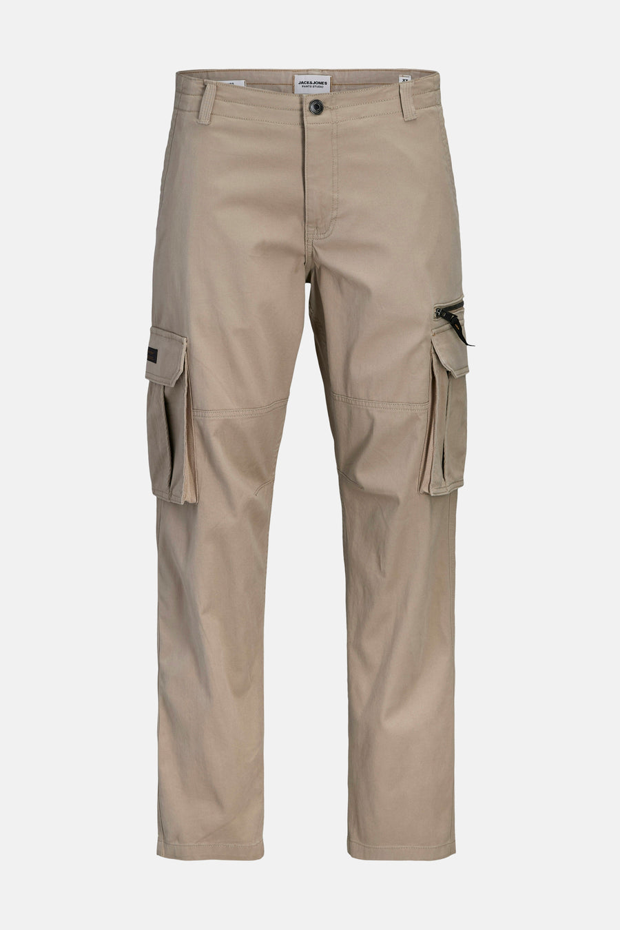 Beige cargobroek van JACK & JONES, met cargozakken aan de zijkanten en zichtbare ritssluiting.
