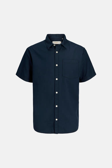 Marineblauw overhemd met korte mouwen van JACK & JONES, met opgestikte borstzak en subtiele wafelstructuur.