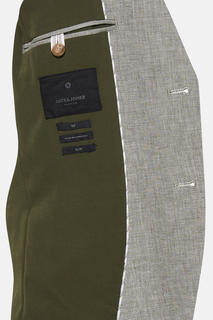 Blazer vert coupe slim de JACK & JONES PREMIUM, vue intérieure avec doublure olive et tissu extérieur texturé.
