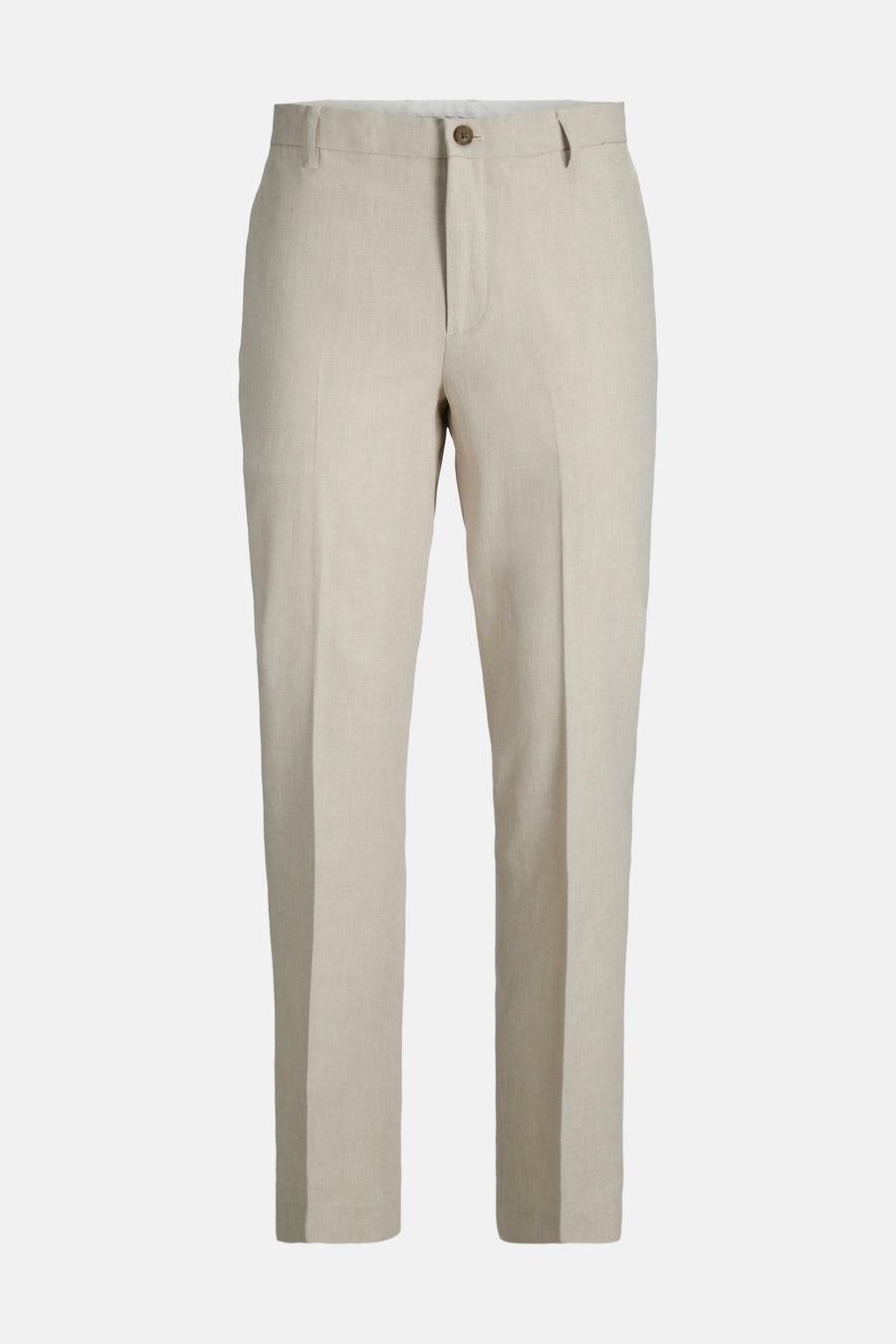 Ecru kostuumbroek van PREMIUM by JACK & JONES, van getextureerde stof met een bruine knoop en duidelijke vouwen aan de voorkant.