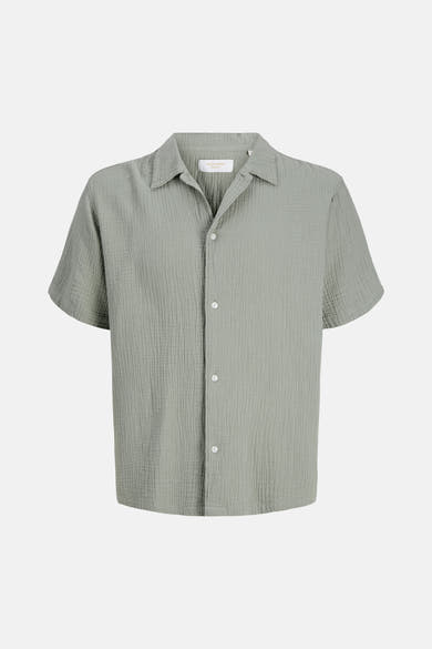 Groen katoenen wafeloverhemd van ORIGINALS BY JACK & JONES, met korte mouwen, rechte pasvorm, met witte knopen.