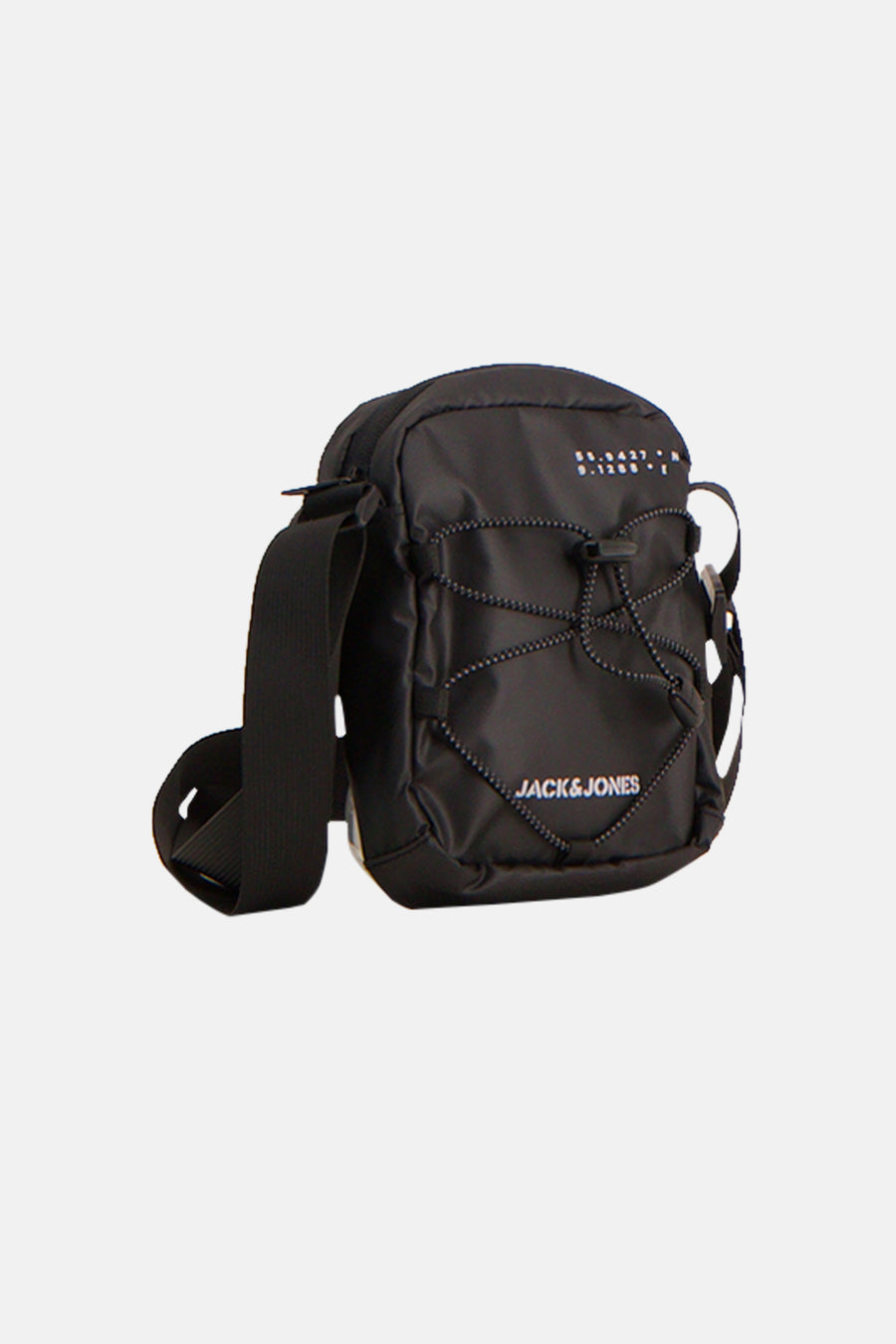 Sac à bandoulière noir d'ACCESSORIES BY JACK & JONES avec cordon élastique décoratif et bandoulière réglable.