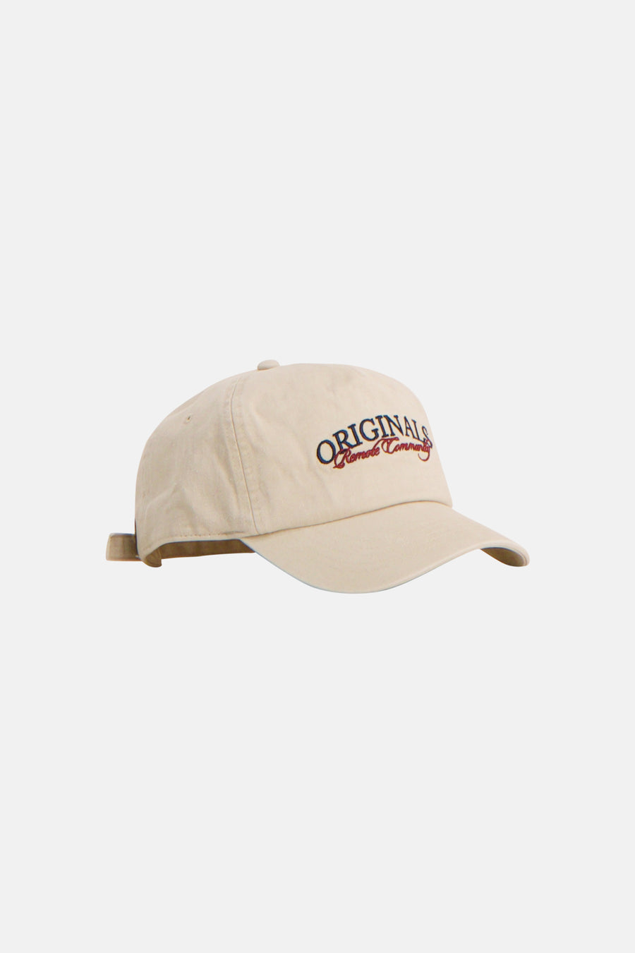 Casquette écru de ACCESSORIES BY JACK & JONES, brodée "ORIGINALS" en bleu et "Remote Community" en rouge, vue de côté.