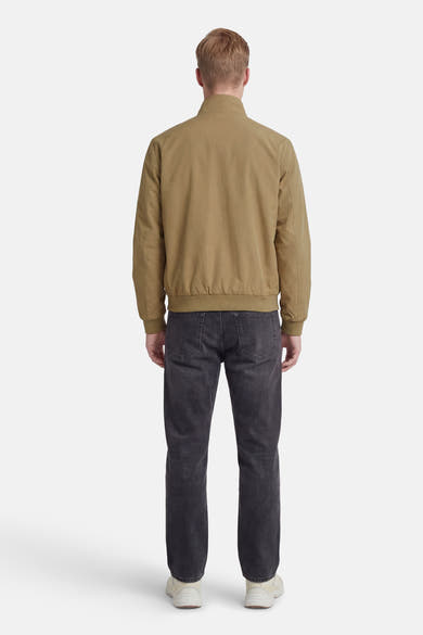 Korte beige jas van ORIGINALS BY JACK & JONES, met lange mouwen en een geribbelde zoom, van achteren gezien.