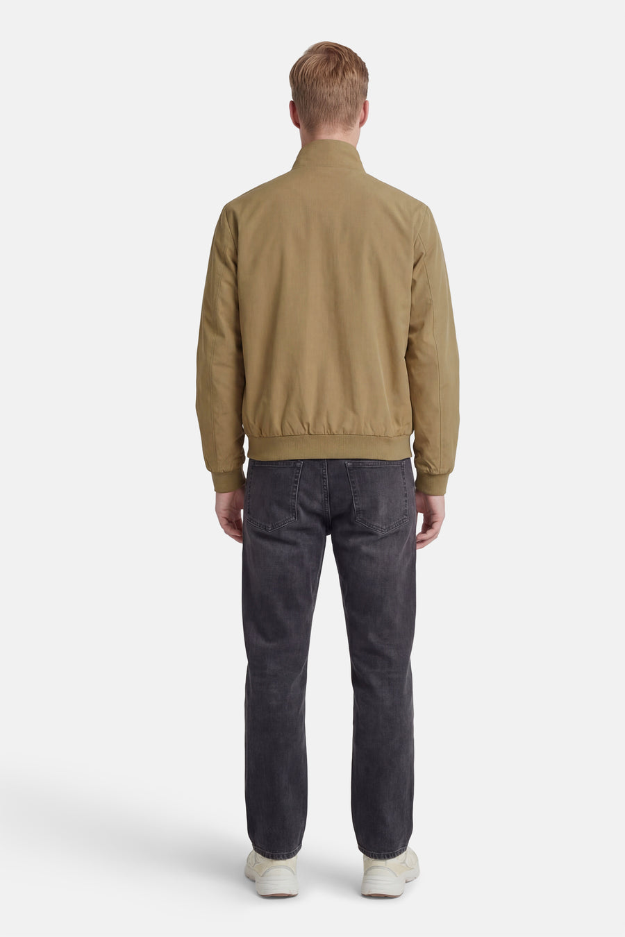 Korte beige jas van ORIGINALS BY JACK & JONES, met lange mouwen en een geribbelde zoom, van achteren gezien.