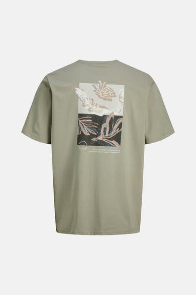 Groen T-shirt met korte mouwen van ORIGINALS BY JACK & JONES met vierkante bloemenprint op de rug.