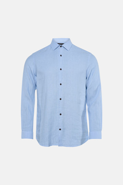 Blauw overhemd met lange mouwen van PREMIUM by JACK & JONES, met visgraatstructuur en donkere knopen.