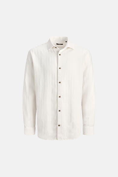 Chemise blanche texturée de PREMIUM by JACK & JONES à manches longues, col classique et boutons marron.
