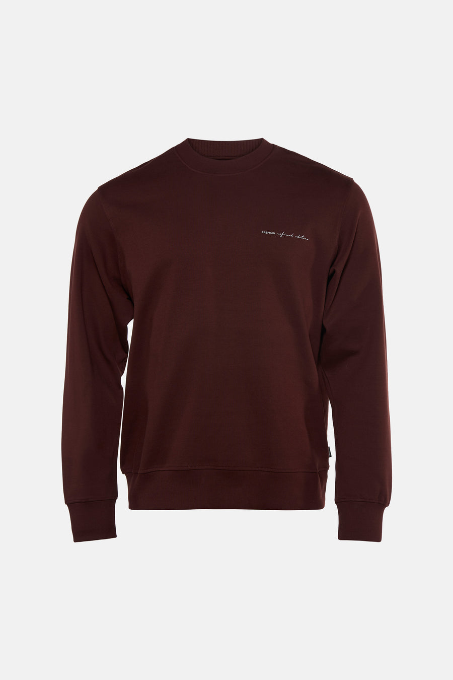 Brown crewneck sweatshirt with ribbed cuffs and hem, featuring small white embroidered text on chest, front view