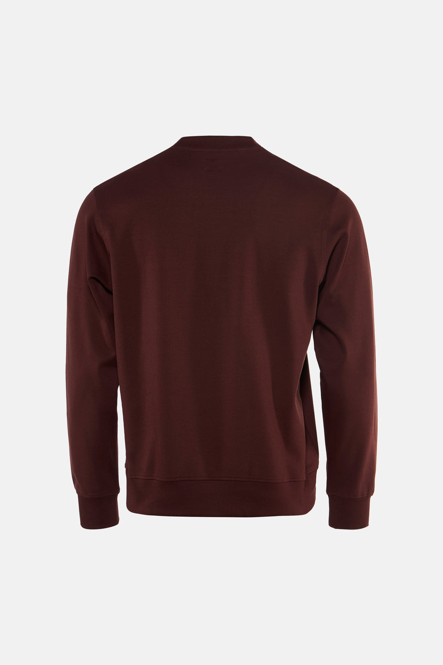 Brown crewneck sweatshirt back view, ribbed cuffs and hem, solid color, soft textured fabric