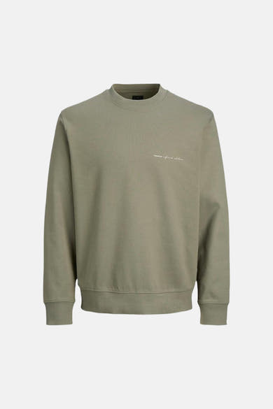 Olive green crewneck sweatshirt with ribbed cuffs and hem, featuring small white embroidered text on chest, front view.