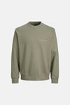 Olive green crewneck sweatshirt with ribbed cuffs and hem, featuring small white embroidered text on chest, front view.