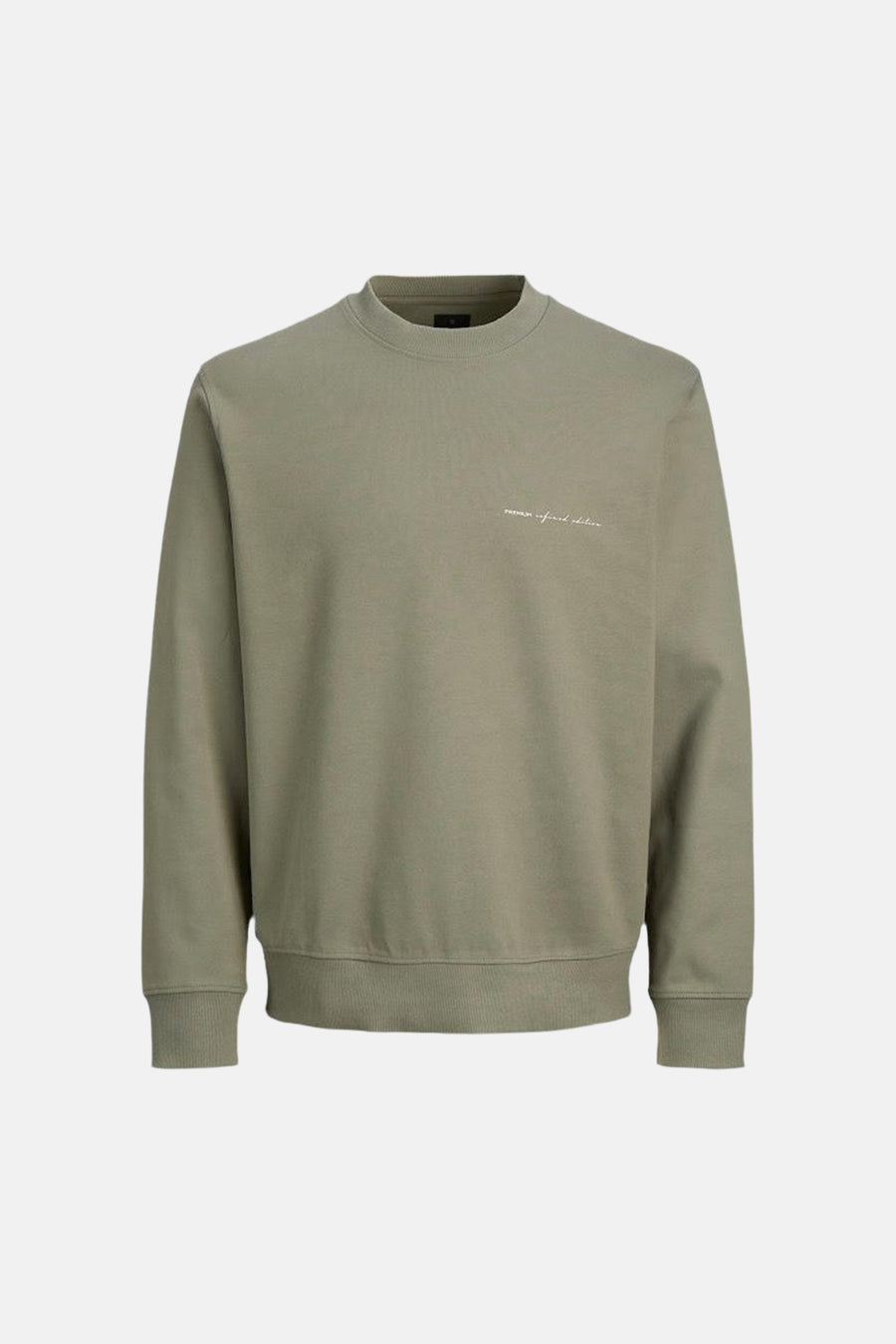 Olive green crewneck sweatshirt with ribbed cuffs and hem, featuring small white embroidered text on chest, front view.