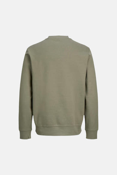 Olive green crewneck sweatshirt back view with ribbed cuffs and hem, soft textured fabric, minimalist design