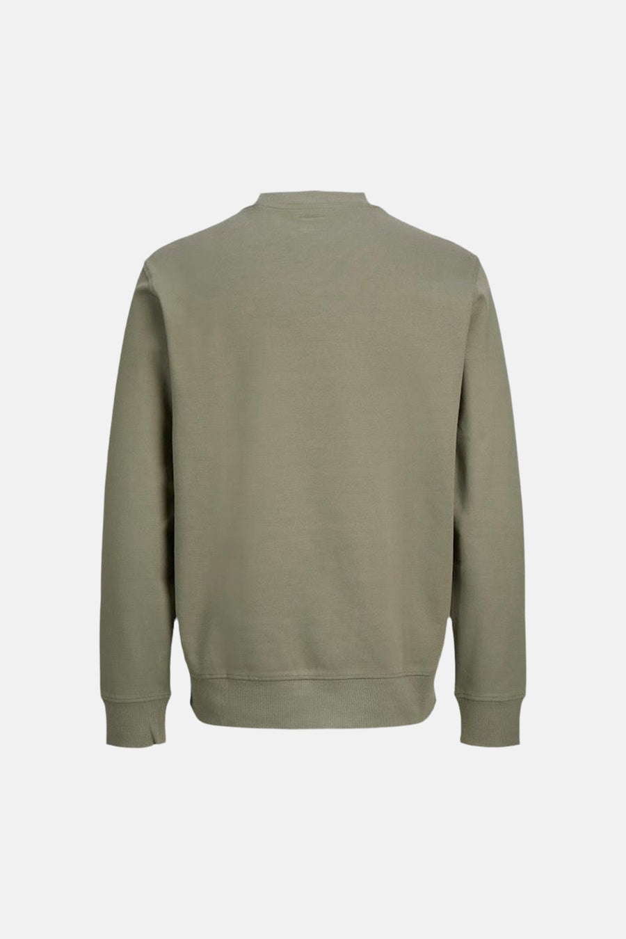 Olive green crewneck sweatshirt back view with ribbed cuffs and hem, soft textured fabric, minimalist design