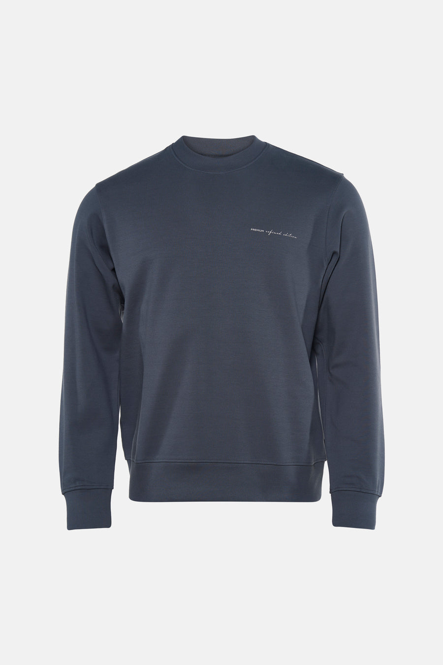 Navy blue crewneck sweatshirt with ribbed cuffs and hem, featuring small white embroidered text on chest, front view.