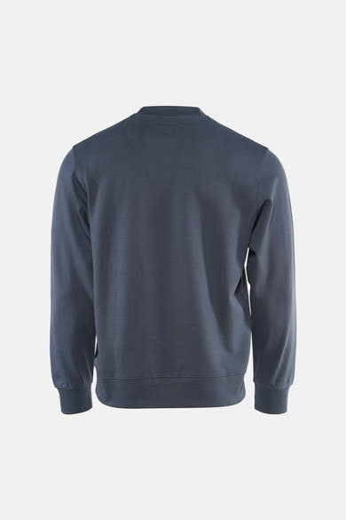 Blue crewneck sweatshirt back view with ribbed cuffs and hem, soft textured fabric