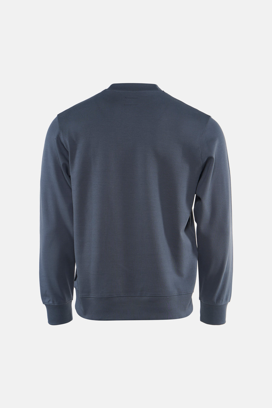 Blue crewneck sweatshirt back view with ribbed cuffs and hem, soft textured fabric