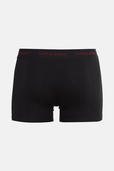 Boxer noir de ACCESSORIES BY JACK & JONES avec ceinture élastique apparente portant le nom de la marque en rouge.