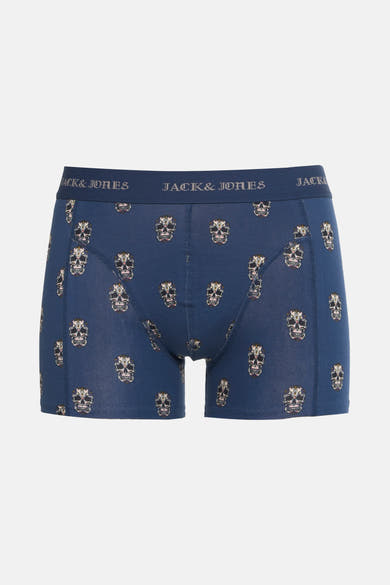 Blauwe boxer van ACCESSORIES BY JACK & JONES met herhaald decoratief schedelpatroon.
