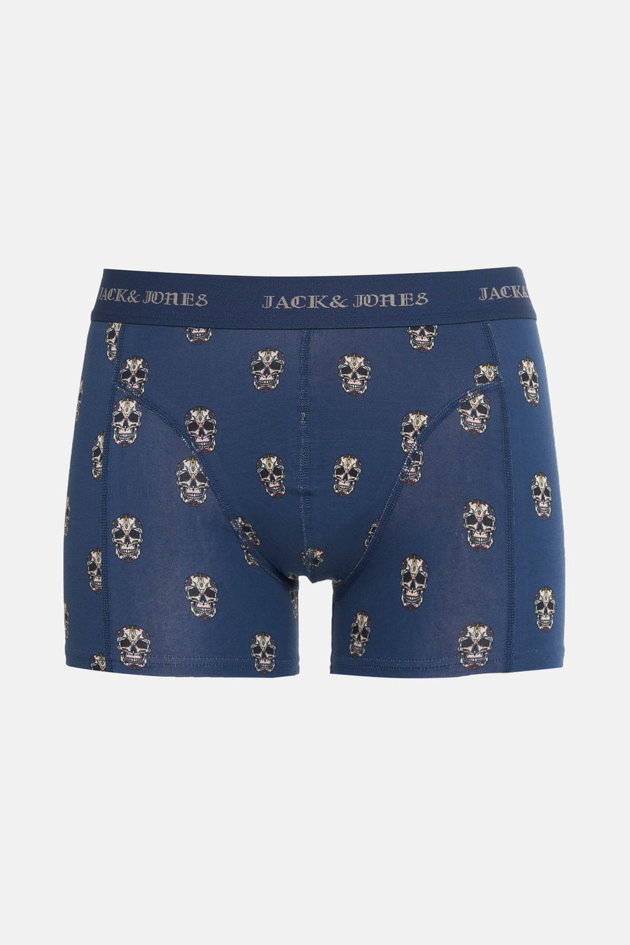 Blauwe boxer van ACCESSORIES BY JACK & JONES met herhaald decoratief schedelpatroon.