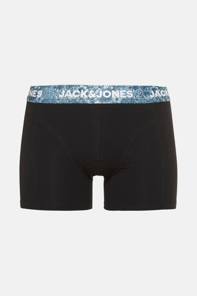 Zwarte boxer van ACCESSORIES BY JACK & JONES met een elastische tailleband met blauw-wit bloemenpatroon.