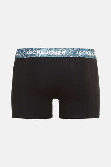 Zwarte boxer van ACCESSORIES BY JACK & JONES, met een elastische tailleband met blauw-wit bloemenpatroon.