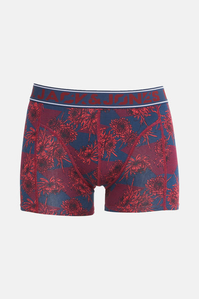 Boxer multicolore d'ACCESSORIES BY JACK & JONES avec motif floral rouge sur fond bleu rayé.