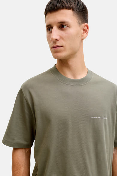 Kaki T-shirt met korte mouwen van PREMIUM by JACK & JONES, rechte pasvorm, geborduurd logo detail.