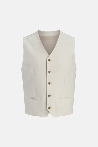 Ecru textuurvest van PREMIUM by JACK & JONES met V-hals, vier bruine knopen en twee paspelzakken.