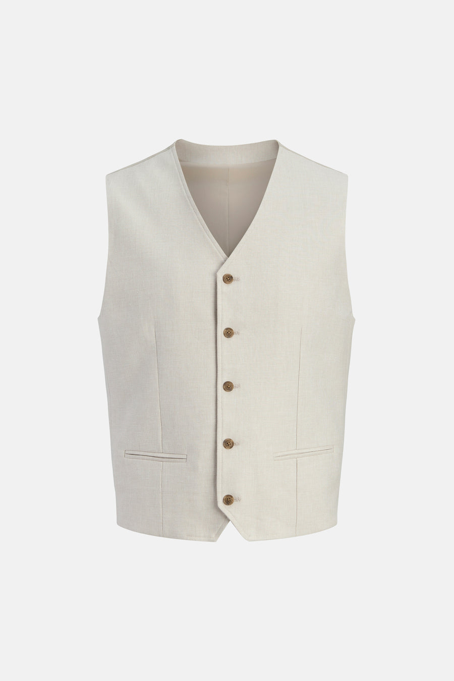 Ecru textuurvest van PREMIUM by JACK & JONES met V-hals, vier bruine knopen en twee paspelzakken.